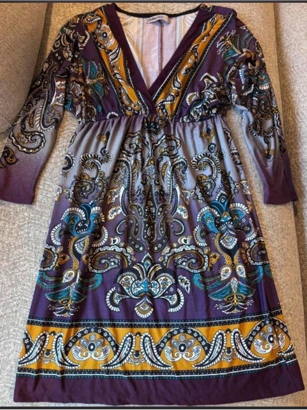 bailey blue Purple Paisley Empire V-Neck Dress with Mustard Accents